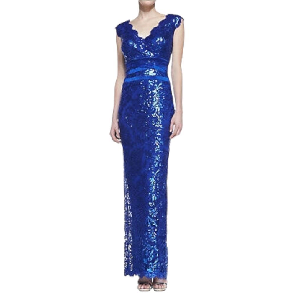 TADASHI SHOJI Paillette Embroidered Lace Banded Waist V-Neck Gown 14 - Picture 2 of 12